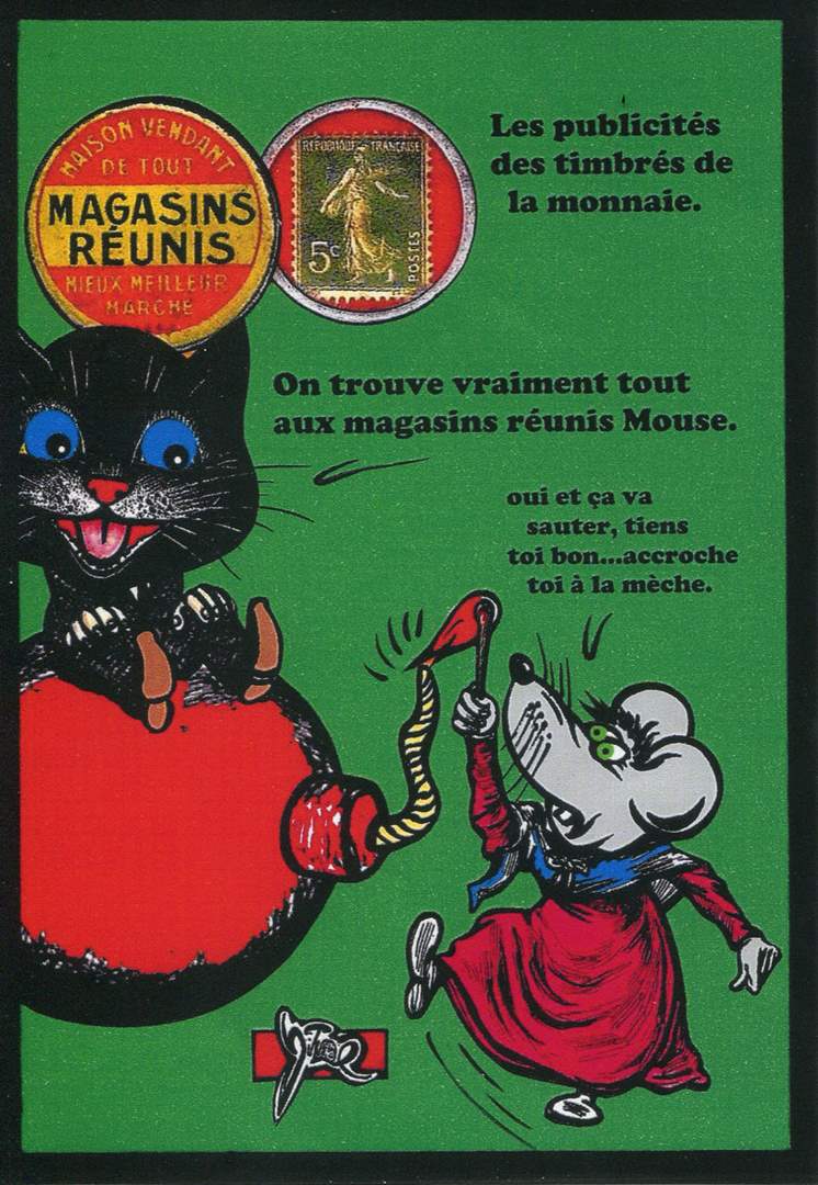 Exemple 428 de carte postale signe Jacques Lardie dit Jihel utilisant le timbre-monnaie Magasins Runis - Maison vendant de tout - comme illustration