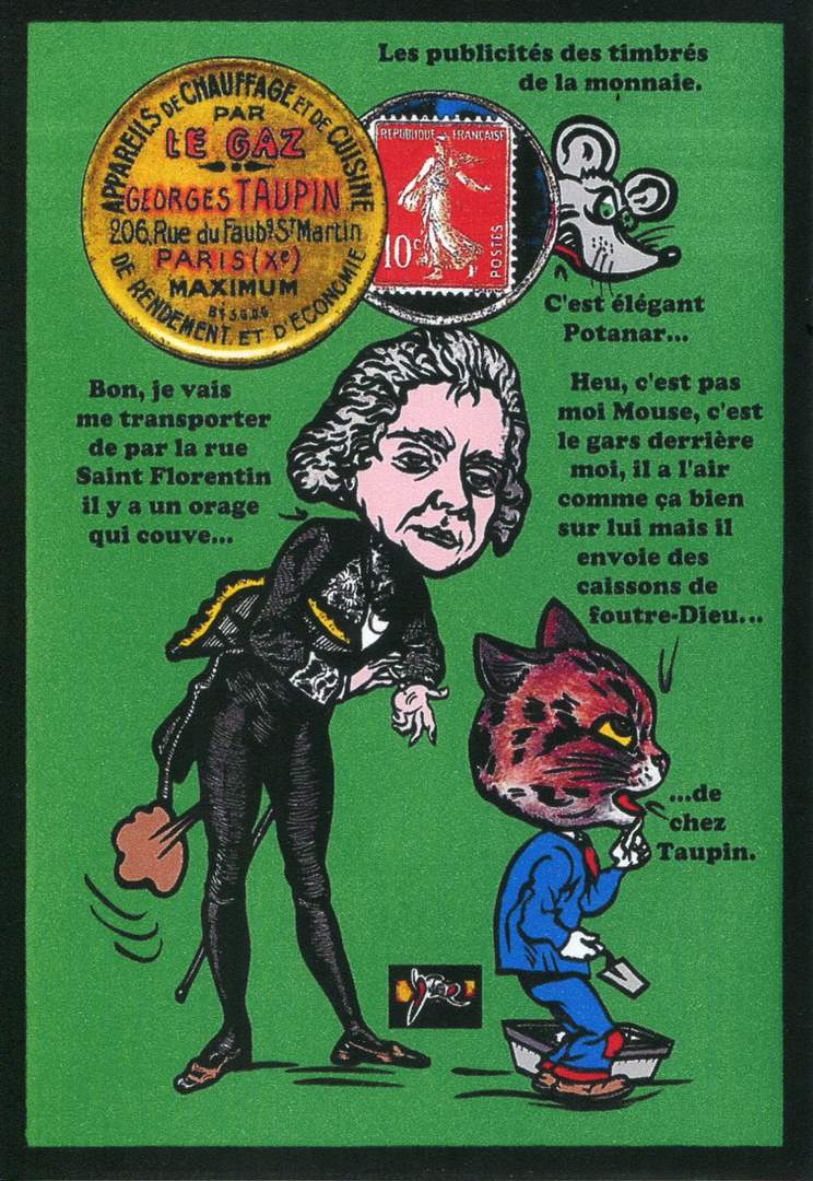Exemple 459 de carte postale signe Jacques Lardie dit Jihel utilisant le timbre-monnaie Le Gaz Georges Taupin comme illustration