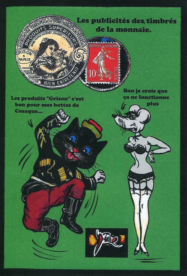 Exemple 460 de carte postale signée Jacques Lardie dit Jihel utilisant le timbre-monnaie Grison Crème comme illustration