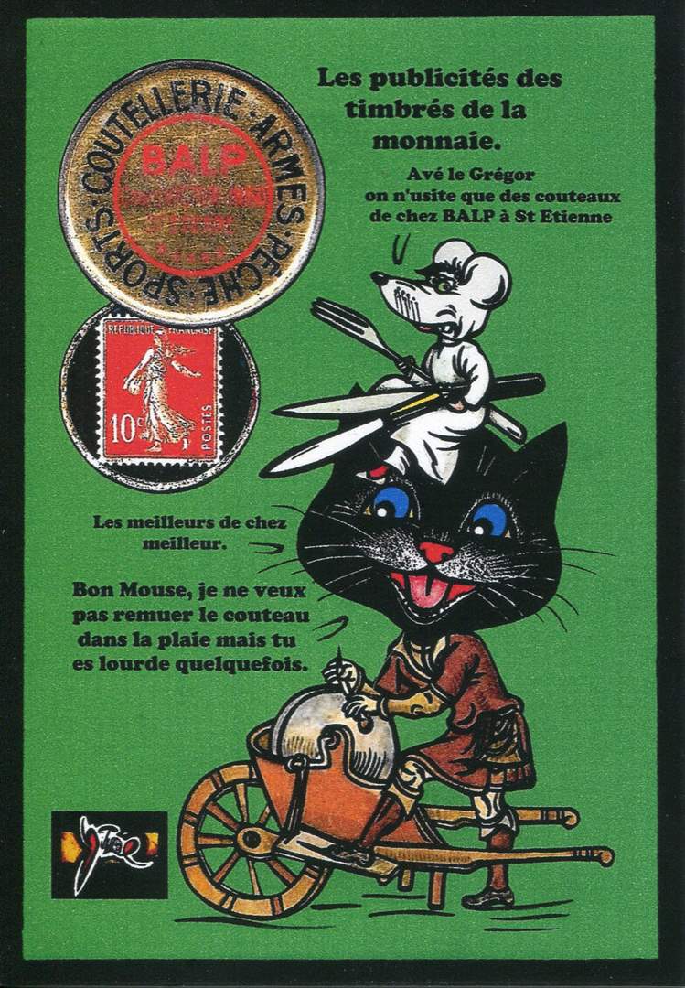Exemple 462 de carte postale signée Jacques Lardie dit Jihel utilisant le timbre-monnaie Balp - Coutellerie - Armes - Pêche - Sports - BALP - Cours Victor-Hugo - St Etienne comme illustration