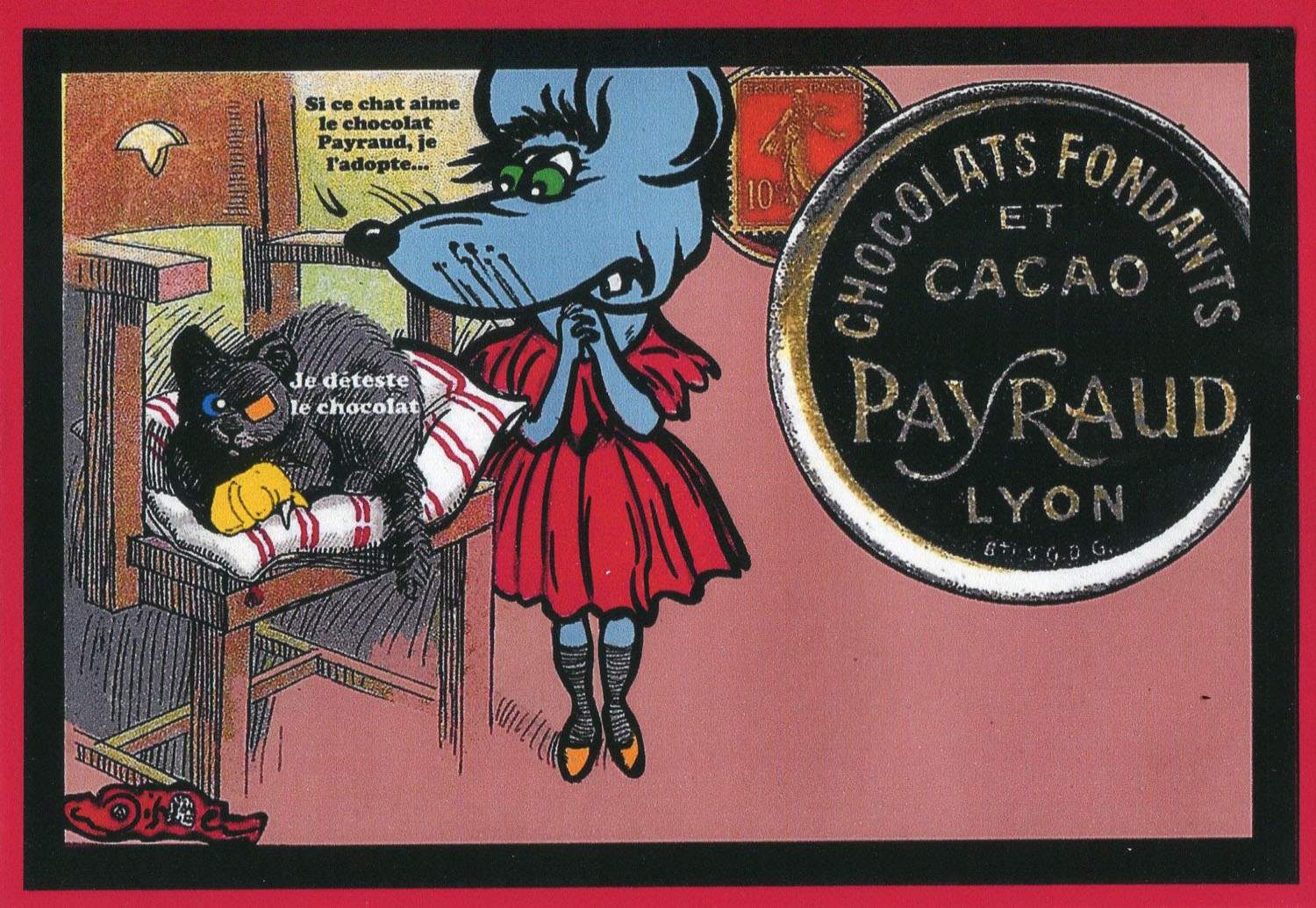 Exemple 486 de carte postale signée Jacques Lardie dit Jihel utilisant le timbre-monnaie Chocolat Payraud comme illustration