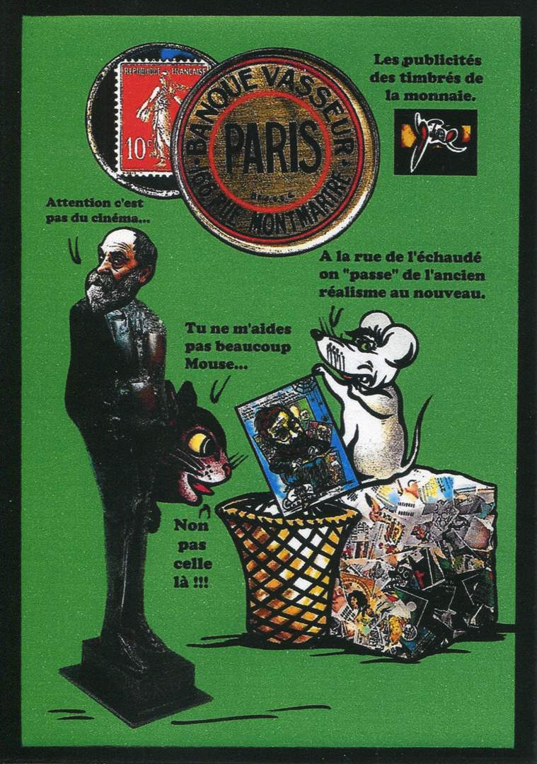 Exemple 563 de carte postale signée Jacques Lardie dit Jihel utilisant le timbre-monnaie Banque Vasseur - 166, Rue Montmartre - Paris comme illustration