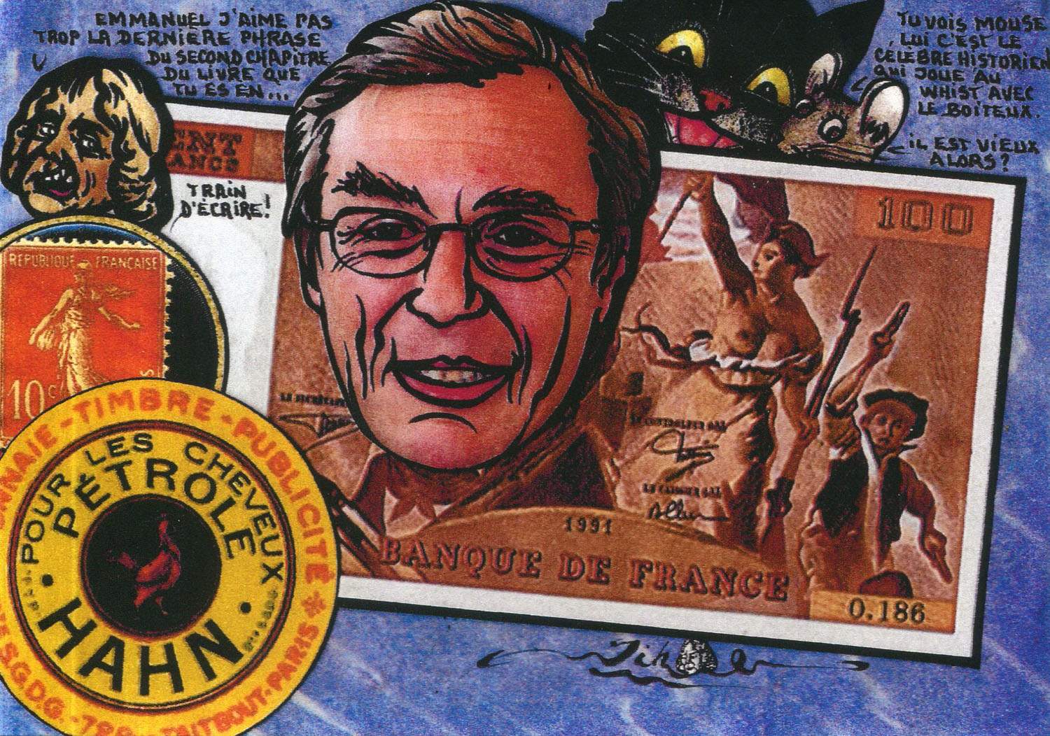 Exemple 675 de carte postale signée Jacques Lardie dit Jihel ou JL utilisant le timbre-monnaie Pétrole Hahn comme illustration