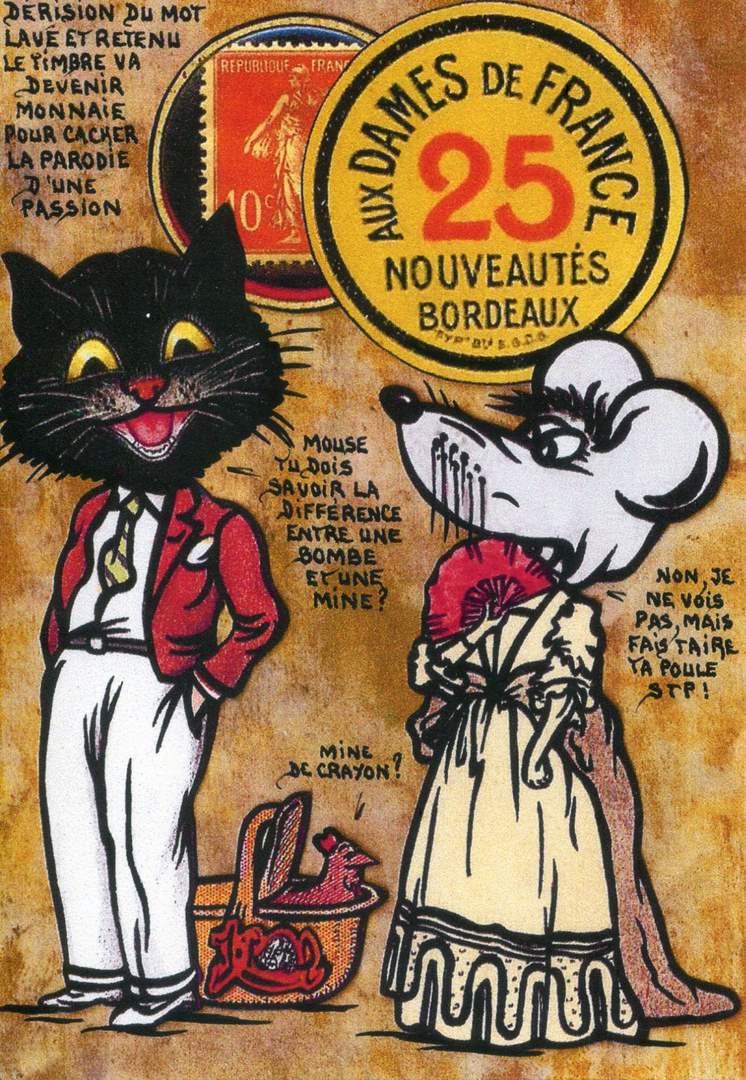 Exemple 89 de carte postale signée Jacques Lardie dit Jihel utilisant le timbre-monnaie Aux Dames de France nouveautés Bordeaux comme illustration