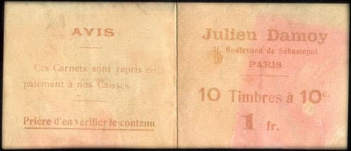 Timbre-monnaie Julien Damoy - 11, Boulevard de S�bastopol - Paris - carnet 1 franc (exemplaire vide) - ext�rieur
