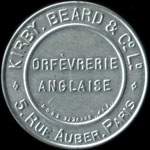 Timbre-monnaie Kirby Beard & Co - Orfèvrerie anglaise - 5, rue Aubert, Paris - 5 centimes vert sur fond rouge - avers