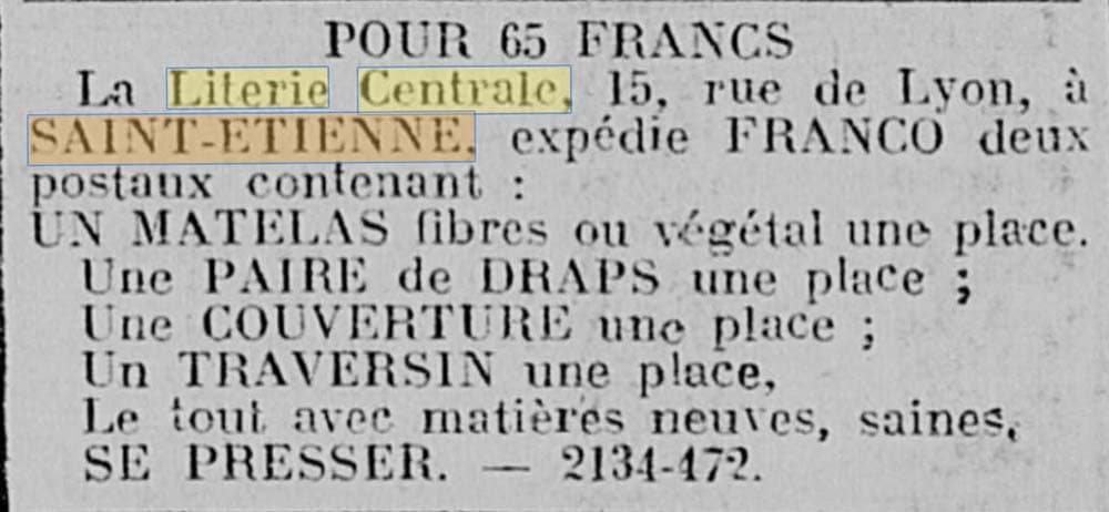 Publicité pour la Literie Centrale dans le Bulletin des Réfugiés du département du Nord du 10 mai 1919