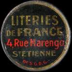 Timbre-monnaie Literies de France - 4, Rue Marengo - Saint-Etienne - 10 centimes rouge sur fond bleu-nuit - avers