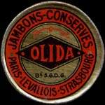 Timbre-monnaie Olida (Jambons - Conserves) - 25 centimes bleu sur fond rouge - avers