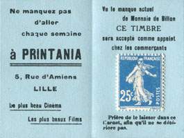 Timbre-monnaie Printania - 5, Rue d'Amiens - Lille - Carnet bleu - 25 centimes - copie/faux - avers