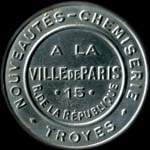 Timbre-monnaie Chemiserie - A la Ville de Paris - Troyes - 5 centimes orange sur fond bleu - avers