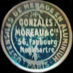 Timbre-monnaie inédit Ustensiles de ménage en aluminium - Gonzalès Moreau & Cie - 56, Faubourg Montmartre - 5 centimes vert sur fond doré
