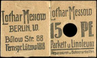 Timbre-monnaie Lothar Messow � Berlin - 15 pfennig bleu-vert sous carton - ouvert - face