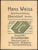 Timbre-monnaie Hans Weiss à Oberstdorf - Allemagne - Briefmarkengeld