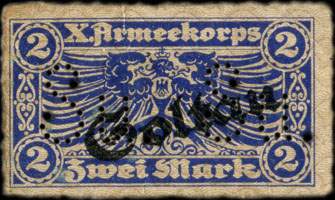 Timbre-monnaie militaire de 2 mark du X.Armeekorps pour le camp de prisonniers de Soltau - Allemagne - Briefmarkengeld - face