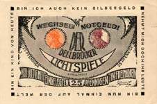 Timbre-monnaie Lichtspiele à Köln - 25 pfennig Germania sur notgeld à fenêtre - dos