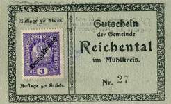 Timbre-monnaie (gutschein) Reichental im Muehlkreis - 3 heller sur carton tamponné type 2 - n°27 - face