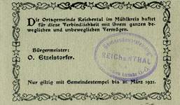 Timbre-monnaie (gutschein) Reichental im Muehlkreis - 3 heller sur carton tamponné type 2 - n°27 - dos