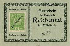 Timbre-monnaie (gutschein) Reichental im Muehlkreis - 5 heller sur carton tamponné type 2 - n°27 - face