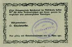 Timbre-monnaie (gutschein) Reichental im Muehlkreis - 5 heller sur carton tamponné type 2 - n°27 - dos