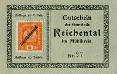 Timbre-monnaie (gutschein) Reichental im Muehlkreis - 6 heller sur carton tamponné type 2 - n°27 - face