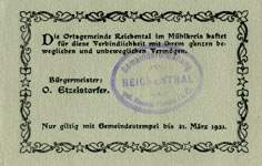 Timbre-monnaie (gutschein) Reichental im Muehlkreis - 6 heller sur carton tamponné type 2 - n°27 - dos
