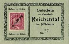 Timbre-monnaie (gutschein) Reichental im Muehlkreis - 10 heller sur carton tamponné type 2 - n°27 - face