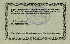 Timbre-monnaie (gutschein) Reichental im Muehlkreis - 10 heller sur carton tamponné type 2 - n°27 - dos