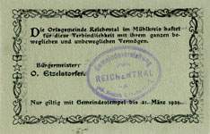 Timbre-monnaie (gutschein) Reichental im Muehlkreis - 12 heller sur carton tamponné type 2 - n°27 - dos