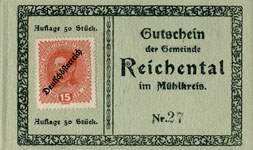 Timbre-monnaie (gutschein) Reichental im Muehlkreis - 15 heller sur carton tamponné type 2 - n°27 - face