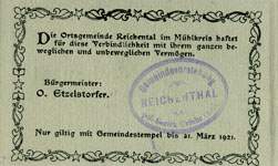 Timbre-monnaie (gutschein) Reichental im Muehlkreis - 15 heller sur carton tamponné type 2 - n°27 - dos
