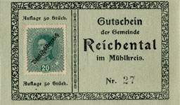 Timbre-monnaie (gutschein) Reichental im Muehlkreis - 20 heller sur carton tamponné type 2 - n°27 - face