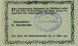 Timbre-monnaie (gutschein) Reichental im Muehlkreis - 20 heller sur carton tamponné type 2 - n°27 - dos