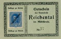 Timbre-monnaie (gutschein) Reichental im Muehlkreis - 25 heller sur carton tamponné type 2 - n°27 - face