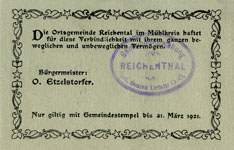 Timbre-monnaie (gutschein) Reichental im Muehlkreis - 25 heller sur carton tamponné type 2 - n°27 - dos