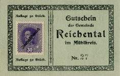 Timbre-monnaie (gutschein) Reichental im Muehlkreis - 30 heller sur carton tamponné type 2 - n°27 - face