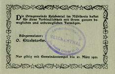 Timbre-monnaie (gutschein) Reichental im Muehlkreis - 30 heller sur carton tamponné type 2 - n°27 - dos