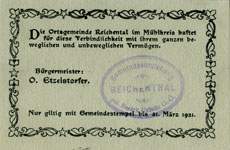 Timbre-monnaie (gutschein) Reichental im Muehlkreis - 40 heller sur carton tamponné type 2 - n°27 - dos