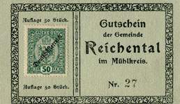 Timbre-monnaie (gutschein) Reichental im Muehlkreis - 50 heller sur carton tamponné type 2 - n°27 - face