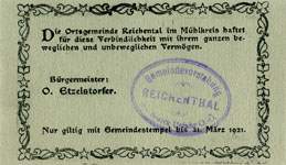 Timbre-monnaie (gutschein) Reichental im Muehlkreis - 50 heller sur carton tamponné type 2 - n°27 - dos