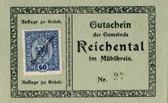 Timbre-monnaie (gutschein) Reichental im Muehlkreis - 60 heller sur carton tamponné type 2 - n°27 - face
