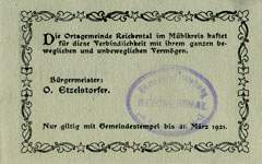Timbre-monnaie (gutschein) Reichental im Muehlkreis - 60 heller sur carton tamponné type 2 - n°27 - dos