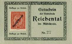 Timbre-monnaie (gutschein) Reichental im Muehlkreis - 80 heller sur carton tamponné type 2 - n°27 - face