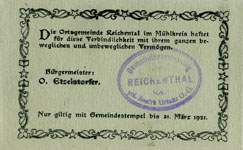 Timbre-monnaie (gutschein) Reichental im Muehlkreis - 80 heller sur carton tamponné type 2 - n°27 - dos