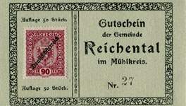 Timbre-monnaie (gutschein) Reichental im Muehlkreis - 90 heller sur carton tamponné type 2 - n°27 - face