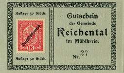 Timbre-monnaie (gutschein) Reichental im Muehlkreis - 1 krone sur carton tamponné type 2 - n°27 - face