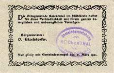Timbre-monnaie (gutschein) Reichental im Muehlkreis - 2 heller bordeaux sur carton tamponné - dos