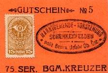 Biefmarkengeld Schenkenfelden - 15 heller - timbre-monnaie - encased stamp - gutschein - front