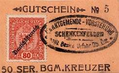 Biefmarkengeld Schenkenfelden - 80 heller pêche - timbre-monnaie - encased stamp - gutschein - front
