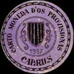 Carton moneda Cabrils 1937 - 5 centimos - timbre-monnaie de fantaisie - Espagne - avers